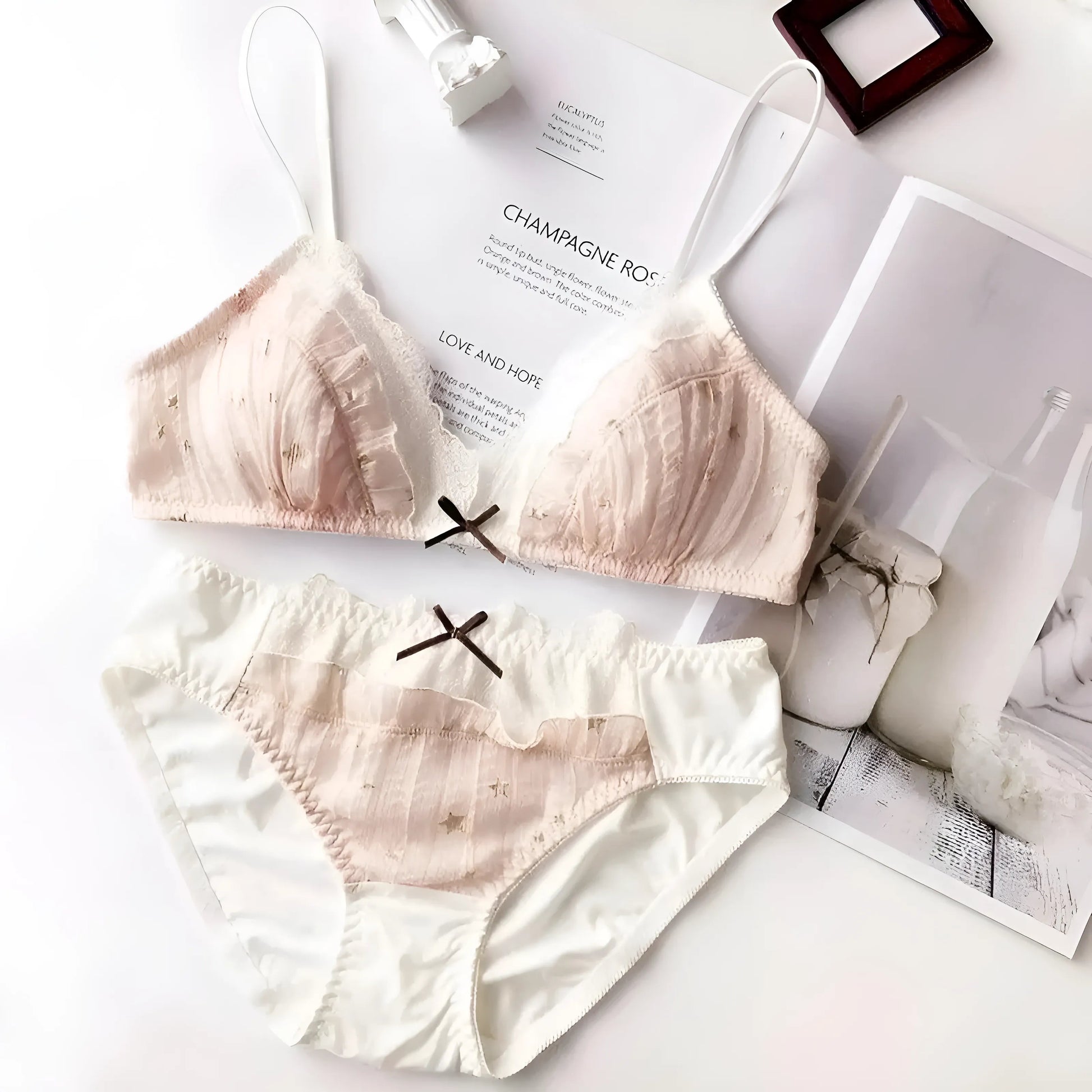 Pink Lace Lingerie Set with Gold Stars