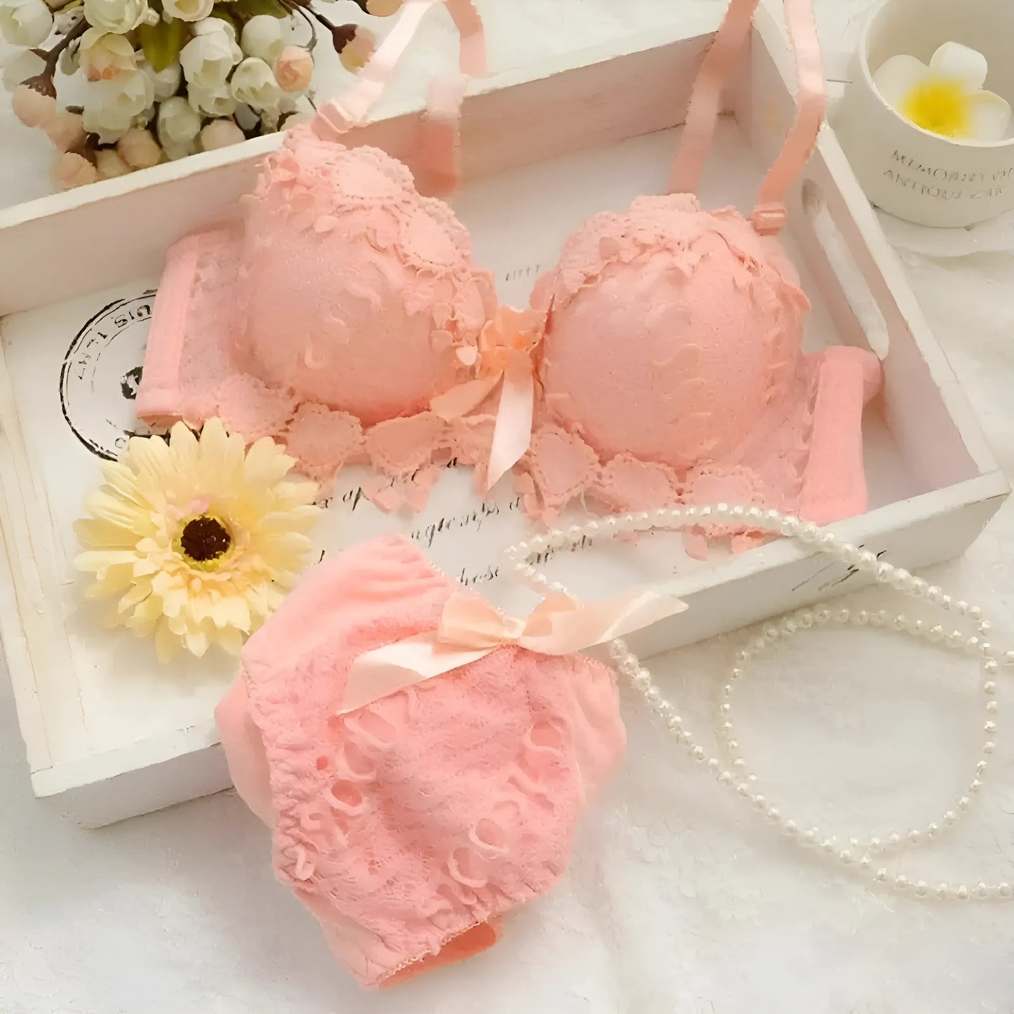 Pink Lace Lingerie Set with Heart Motif