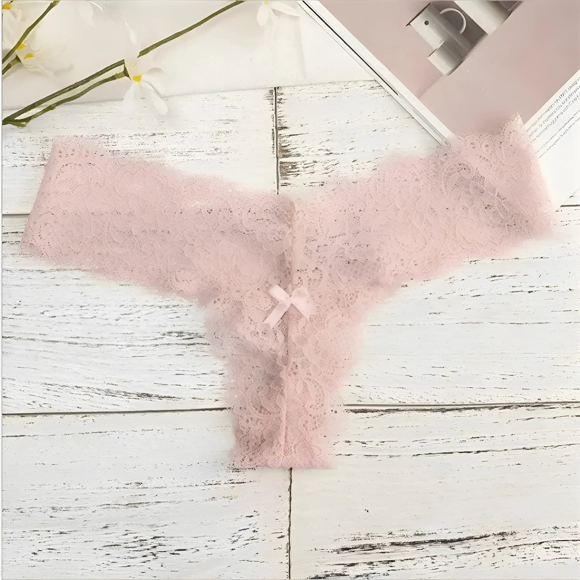 Pink Lace String Thong with Bow