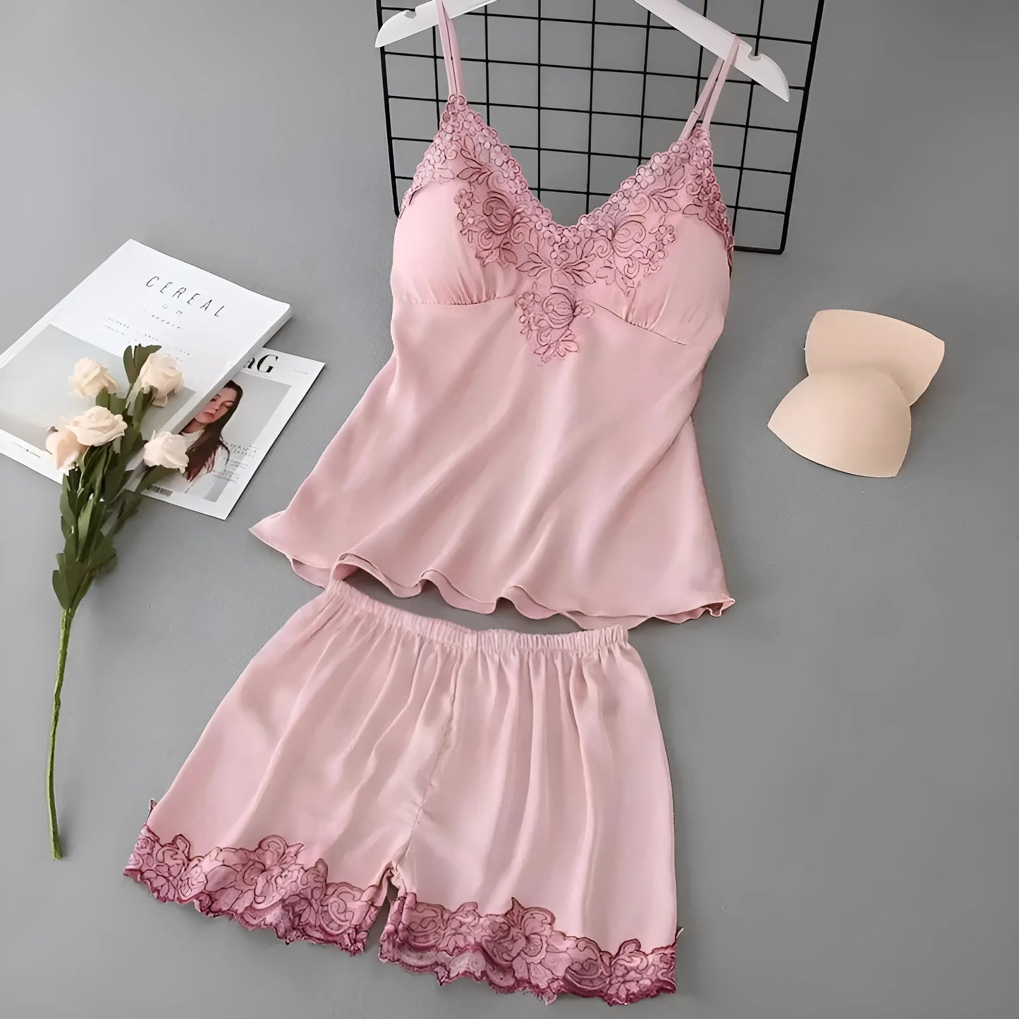 Pink Lace Trim Women's Pyjama Set