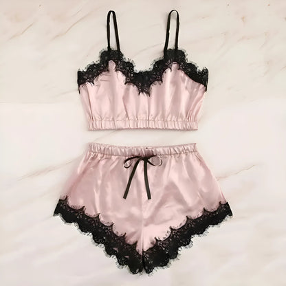 Pink Lace Two-Piece Pyjama Set with Short Top