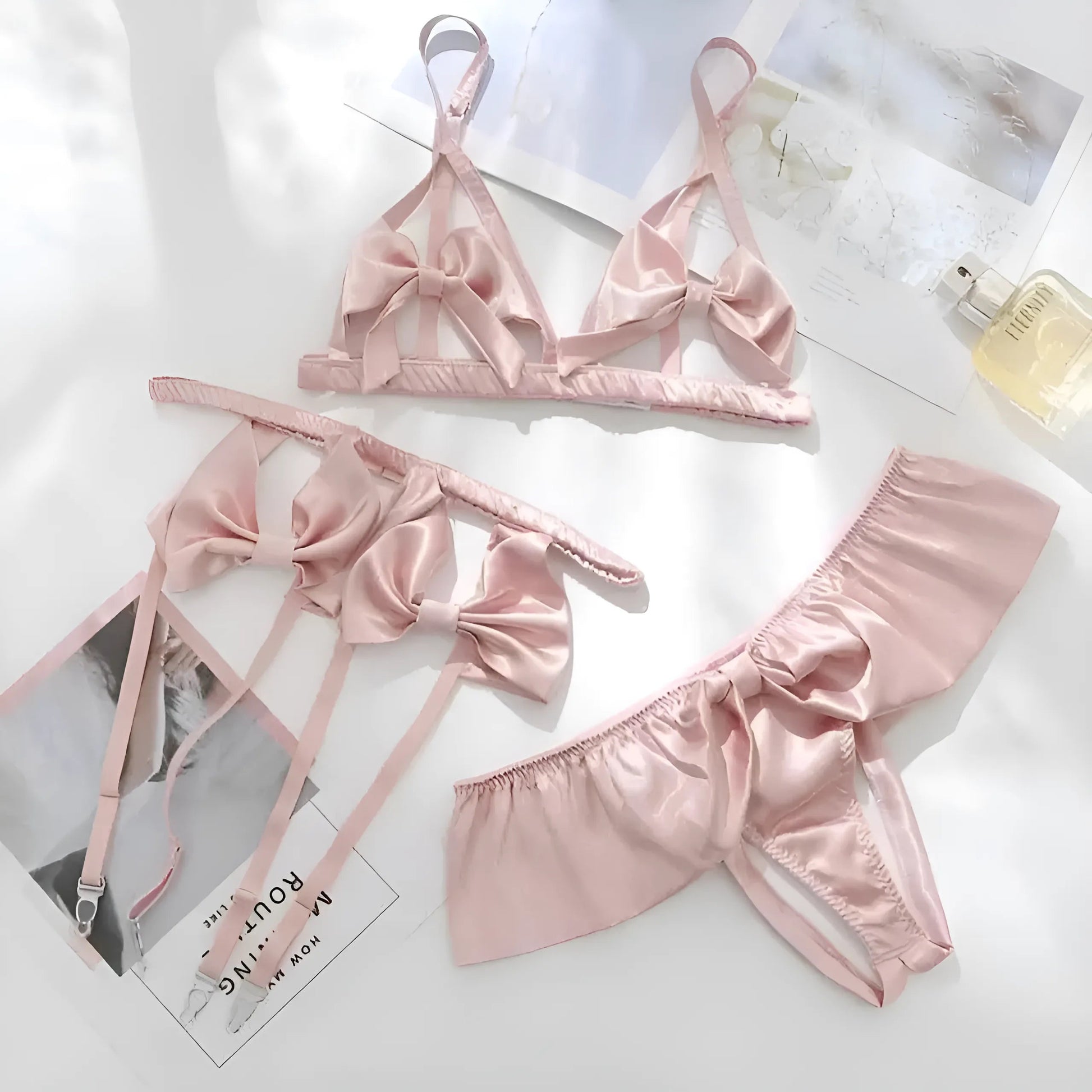 Pink Lingerie Set with Suspender Belt and Bows