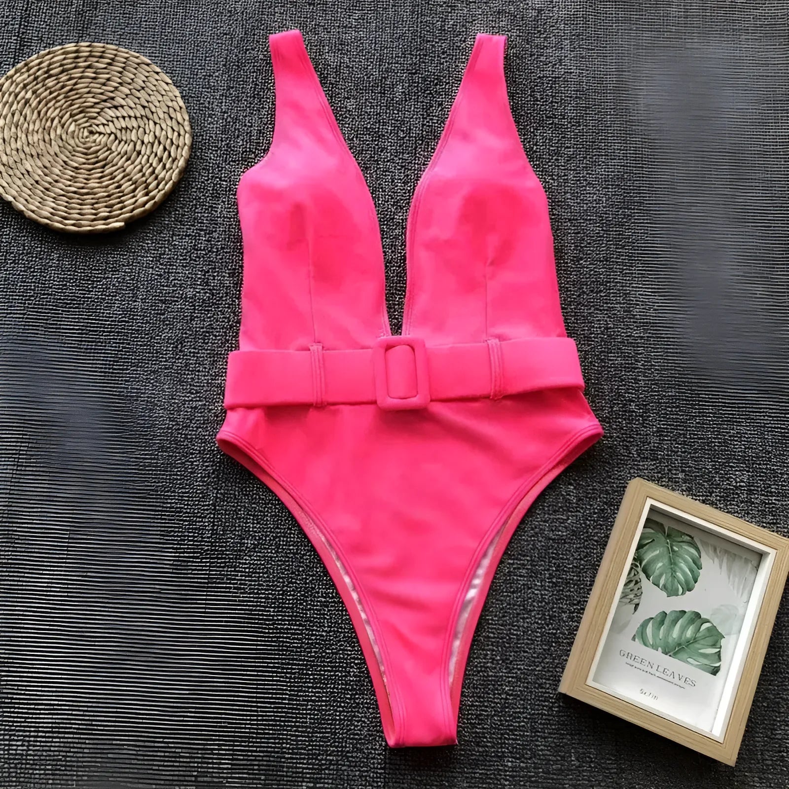 Pink One-Piece Swimsuit with Waist Belt