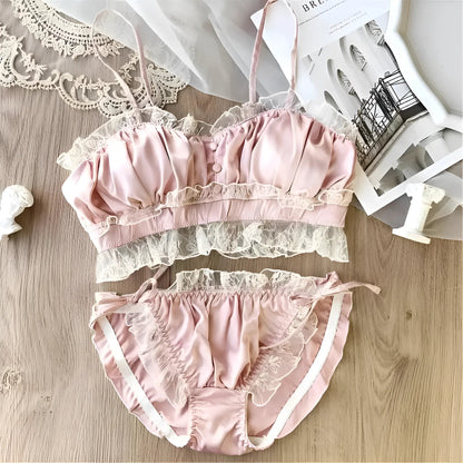 Pink Ruched Lace Lingerie Set