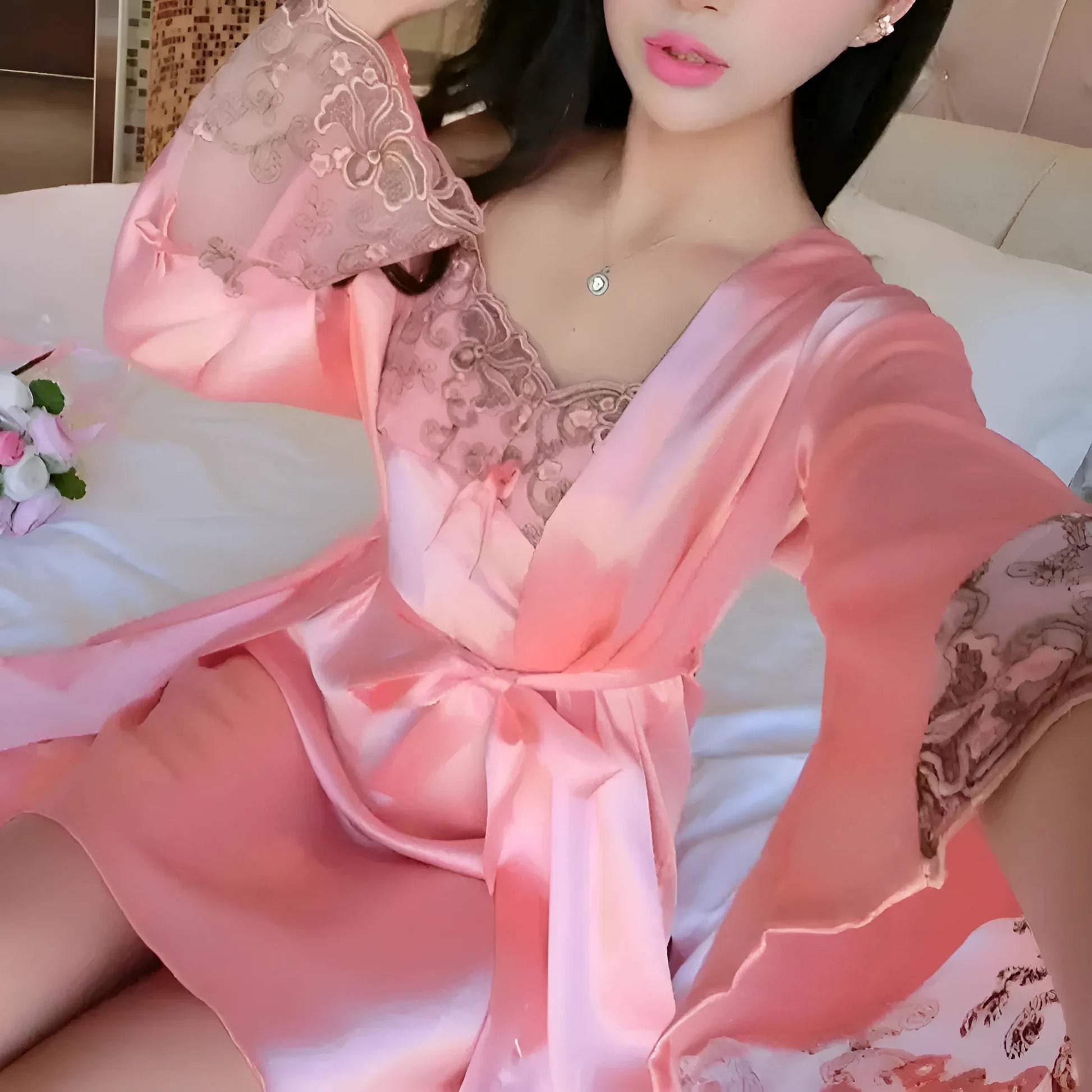 Pink Satin Lace Trim Robe