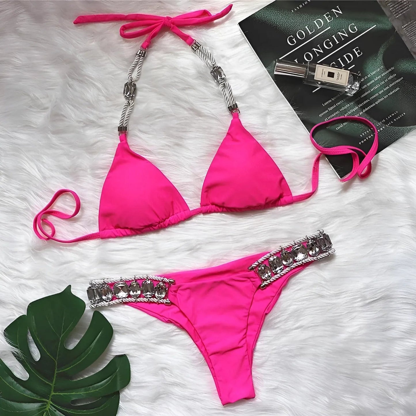 Pink Two-Piece Swimsuit with Decorative Embellishments