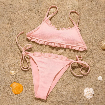 Pink Two-Piece Swimsuit with Delicate Ruffles