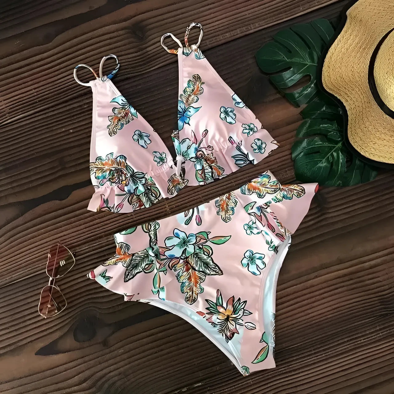 Pink Two-Piece Swimsuit with Delicate Ruffles