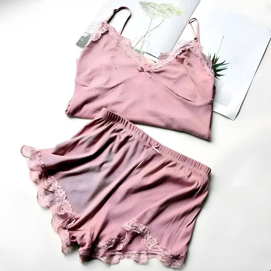 Pink Two-Piece Women's Lace Trim Pyjama Set