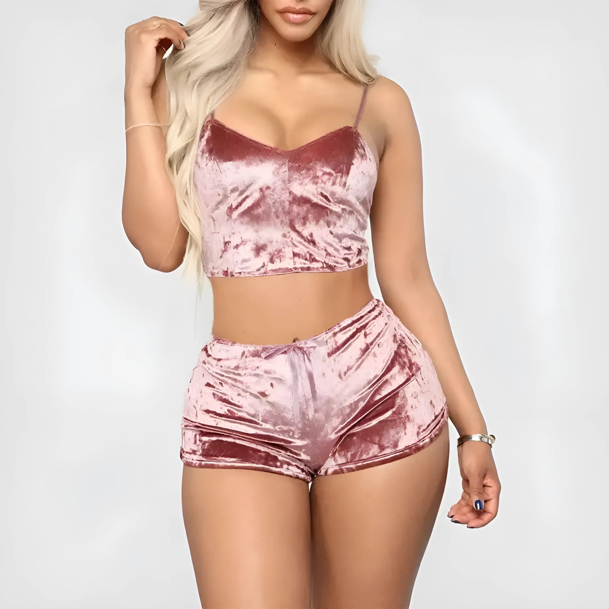 Pink Velvet Pyjama Set with Top and Shorts