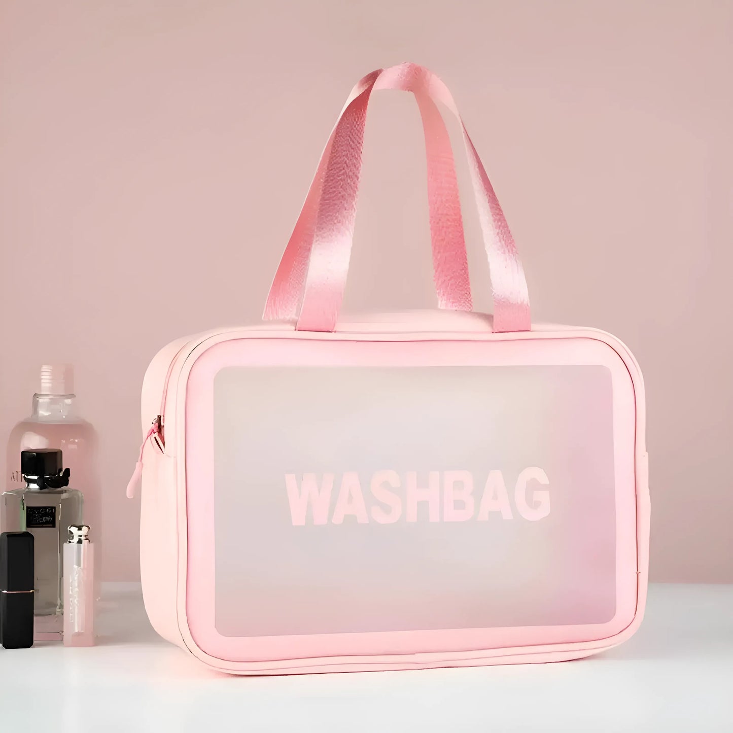 Pink Waterproof Transparent Cosmetic Bag with Handle