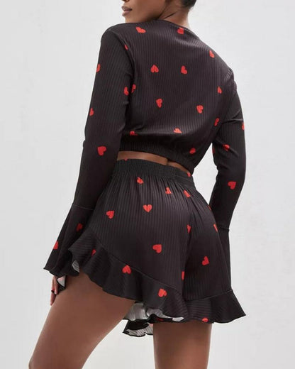 Short heart-patterned pyjamas with long sleeves