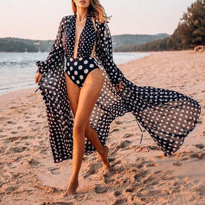 Polka dot beach kimono - black / universal