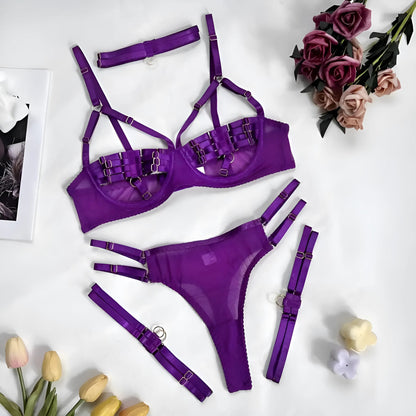 Purple 4-Piece Lingerie Set with Decorative Straps