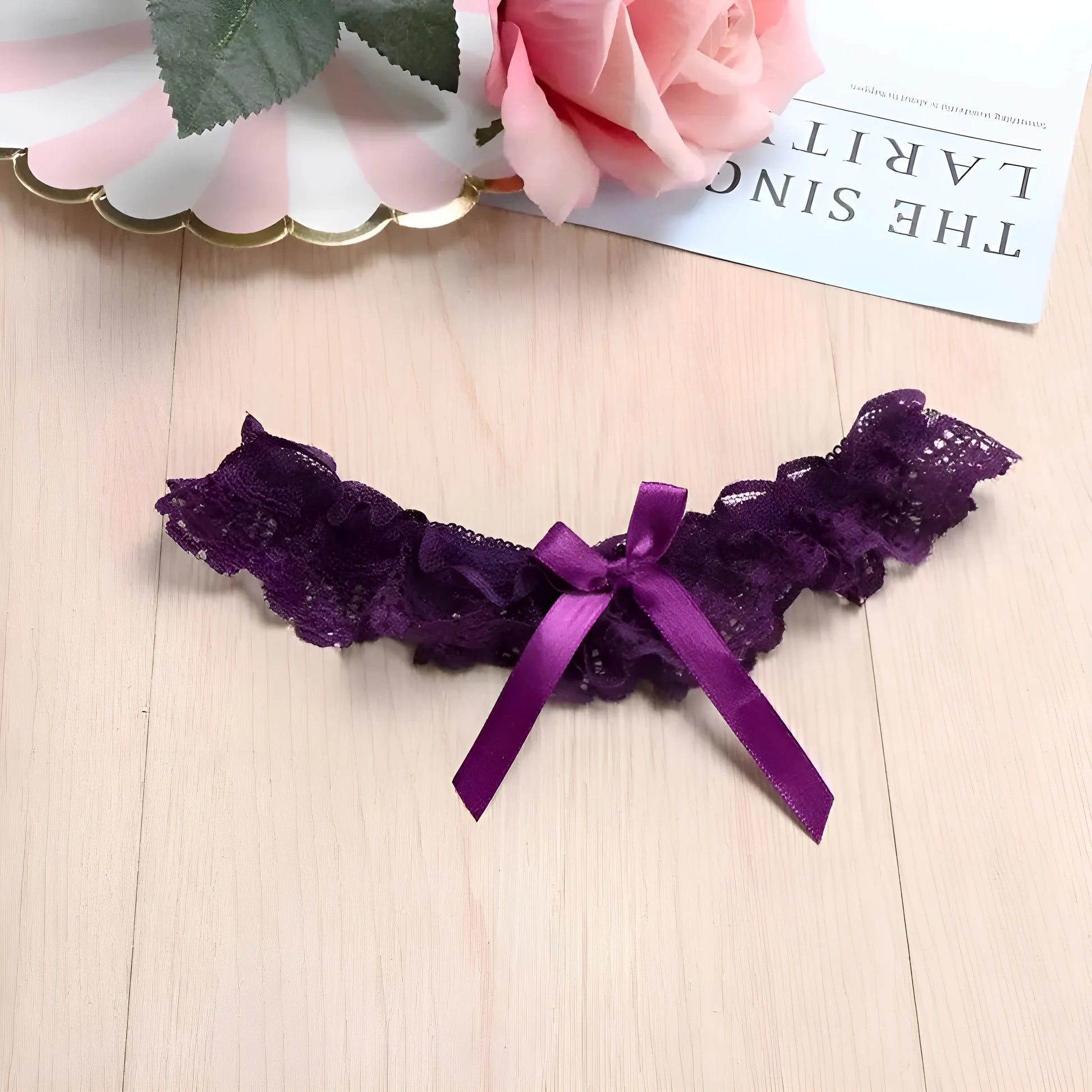 Purple Classic Lace Garter with Bow