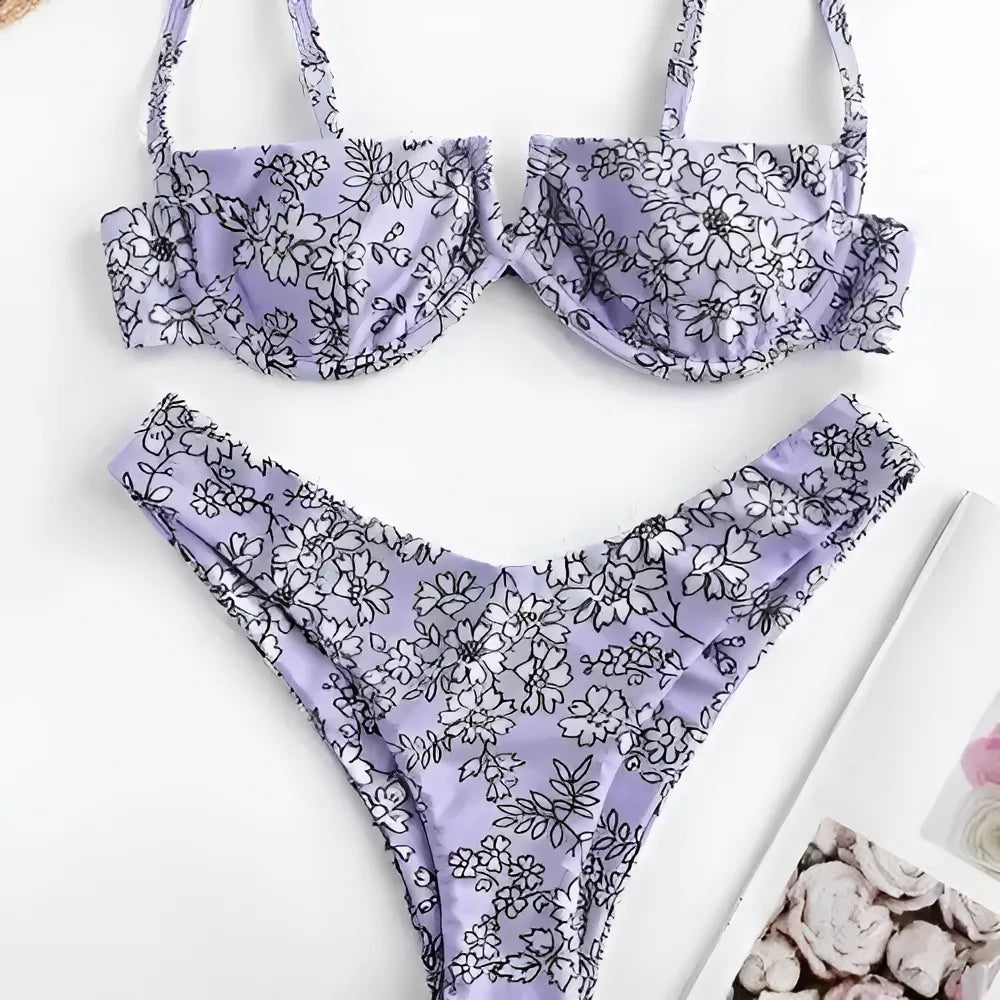 Purple Floral Print Two-Piece Swimsuit