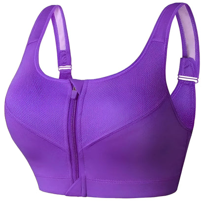 Purple Plus Size Sports Bra with Zip Closure