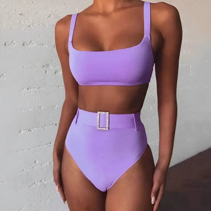 Purple Two-Piece Swimsuit with Silver Buckle