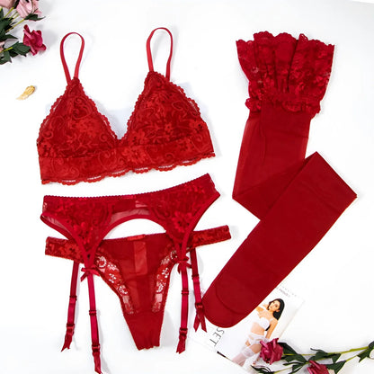 Red 3-piece lace lingerie set with sheer mesh