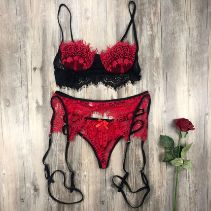 Red 3-Piece Lace Lingerie Set with Thigh Straps