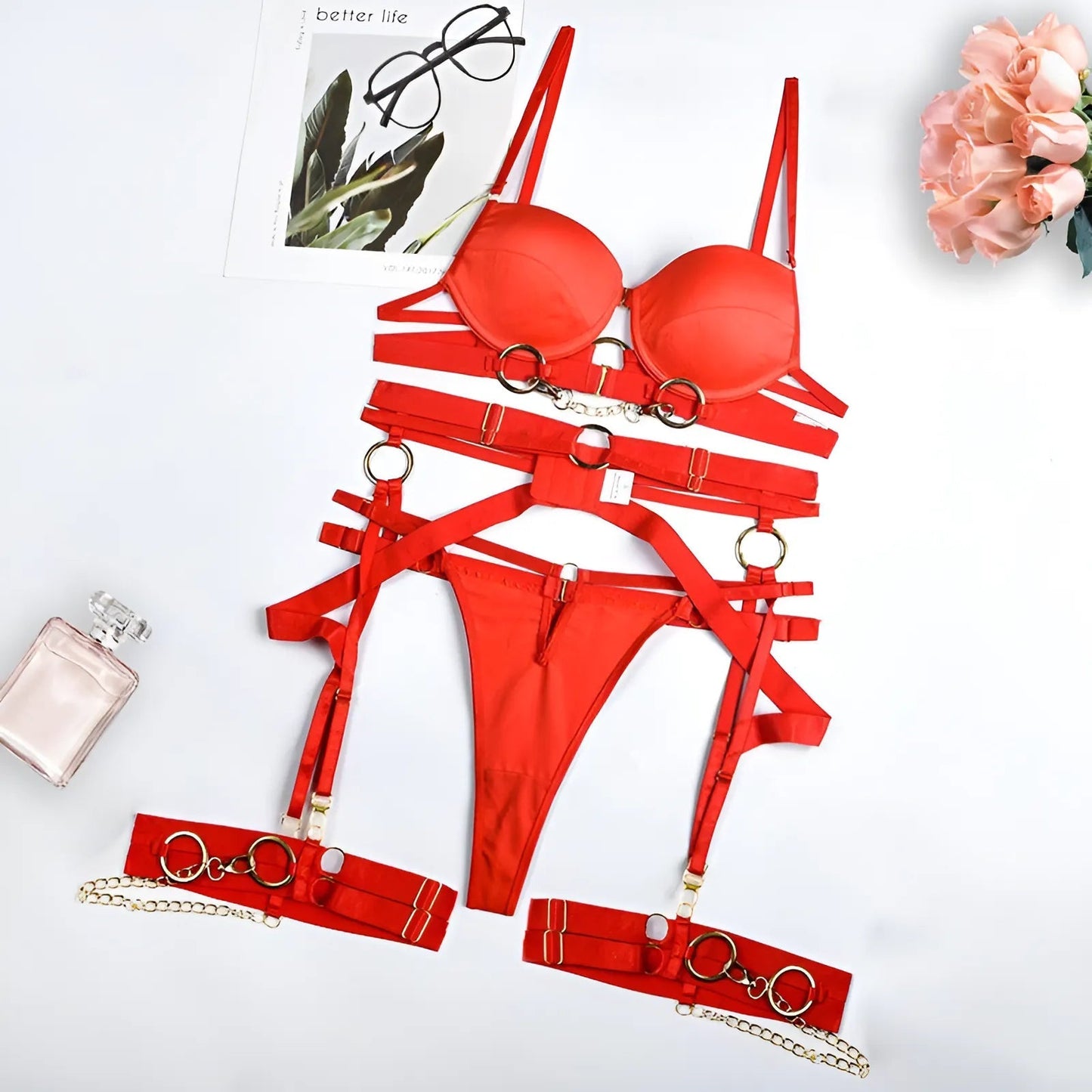 Red 3-Piece Lingerie Set with Straps