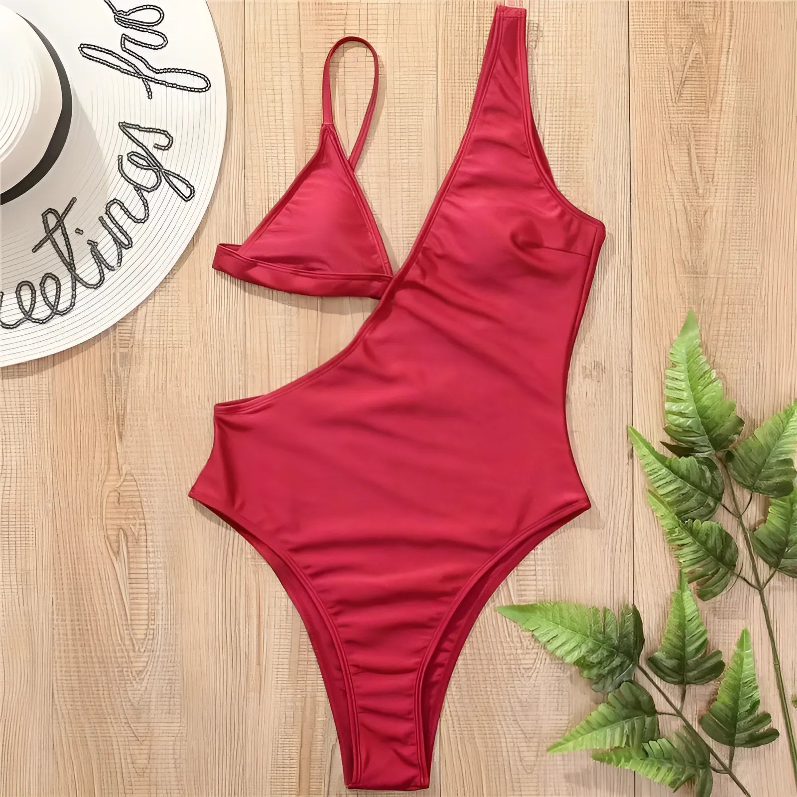 Red Asymmetrical One-Piece Swimsuit