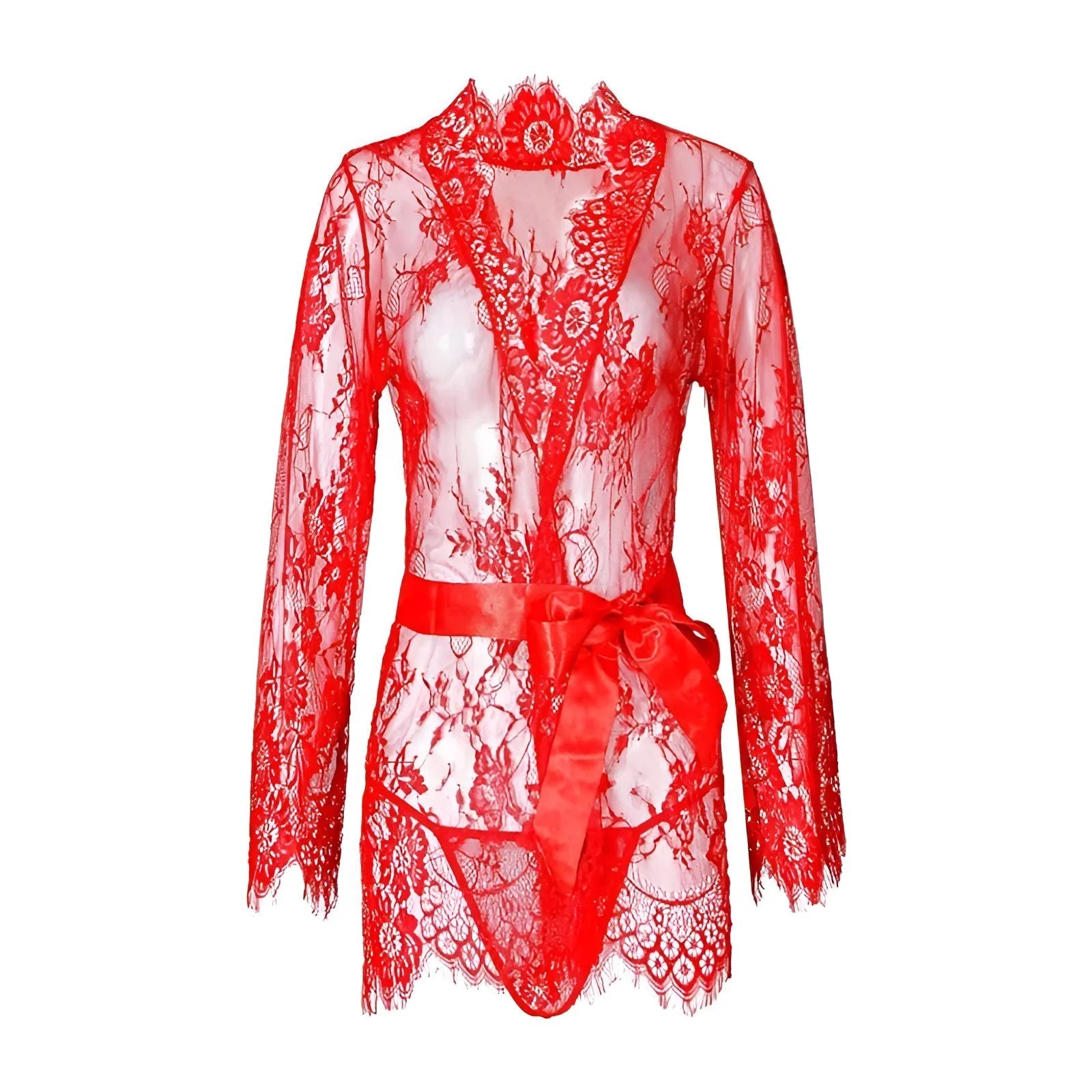 Red Delicate Lace Robe with Wide Sleeves