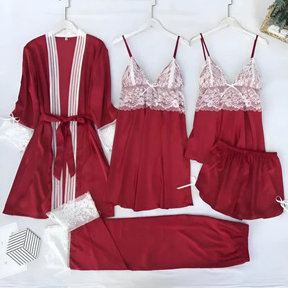 Red Five-Piece Satin Sleep Set