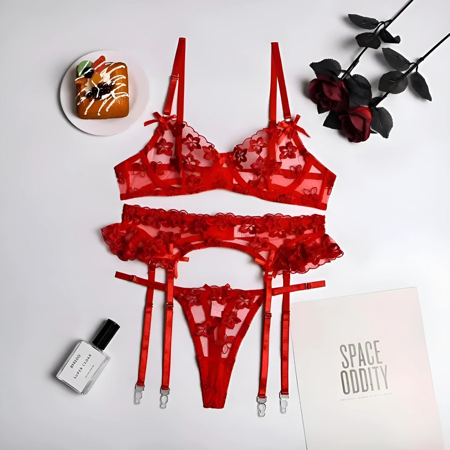 Red Floral Lace Lingerie Set