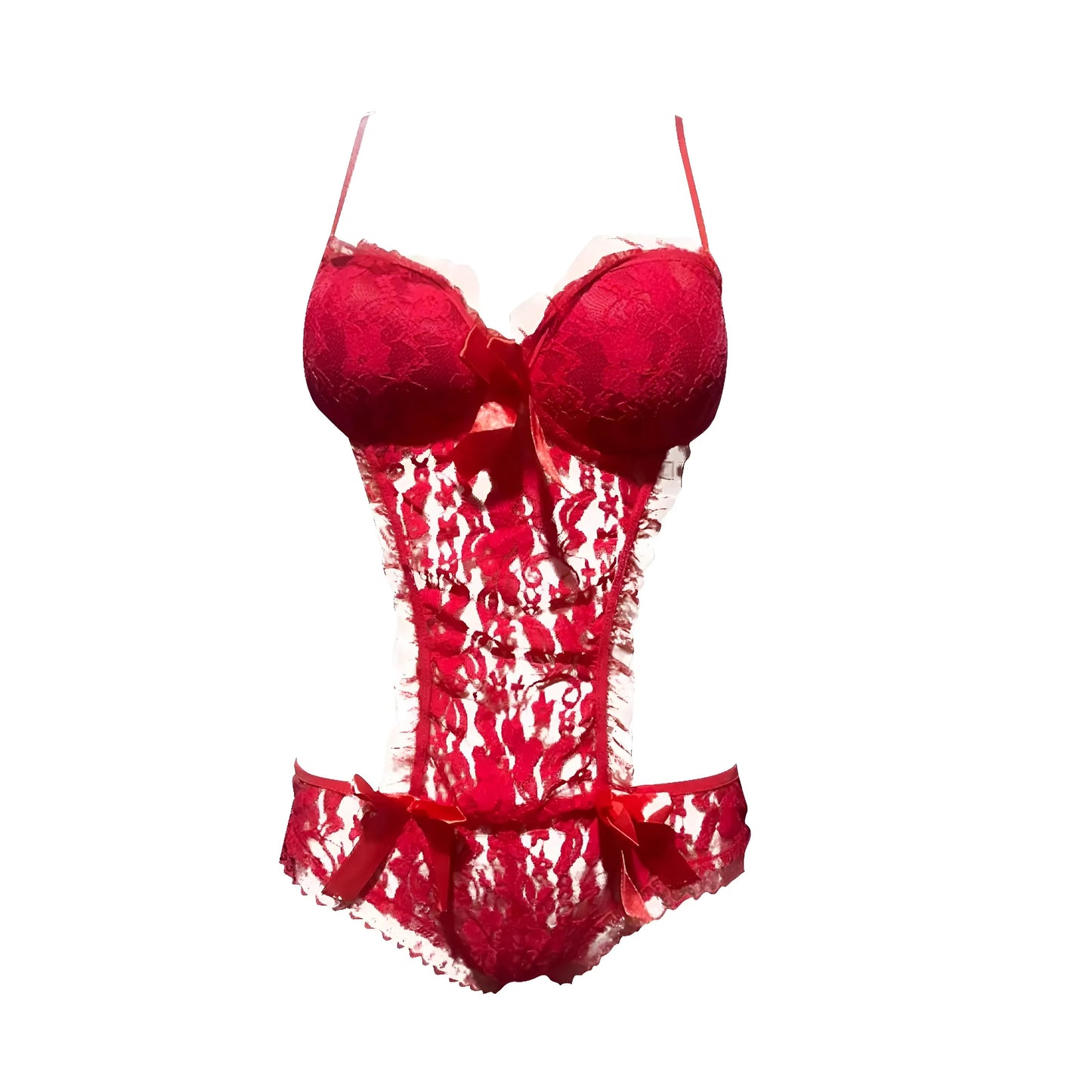 Red Lace Bodysuit with Bow Details and Side Cut-Outs