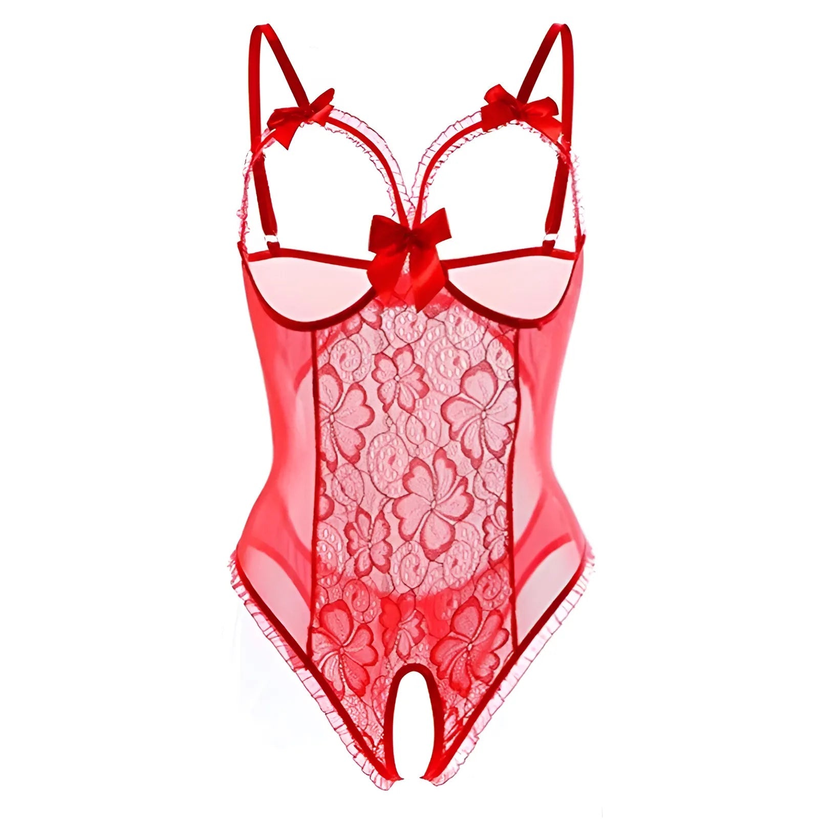 Red Lace Bodysuit with Cut-Outs and Bows