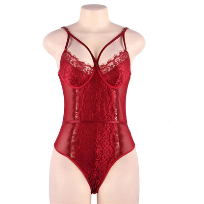 Red Lace Bodysuit with Decorative Straps