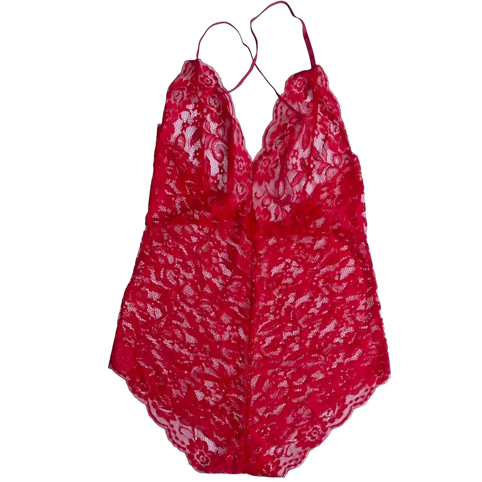 Red Lace Bodysuit with Deep V-Neck