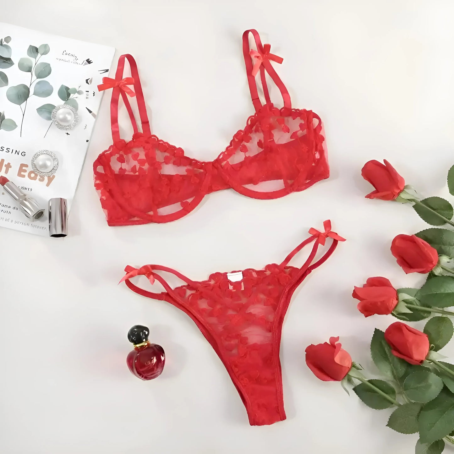 Red Lace Heart Print Lingerie Set