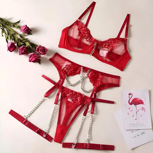Red Lace Lingerie Set with Chains
