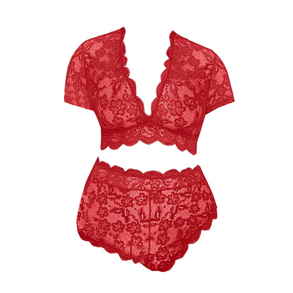 Red Lace Lingerie Set with Covered Shoulders in Plus Sizes