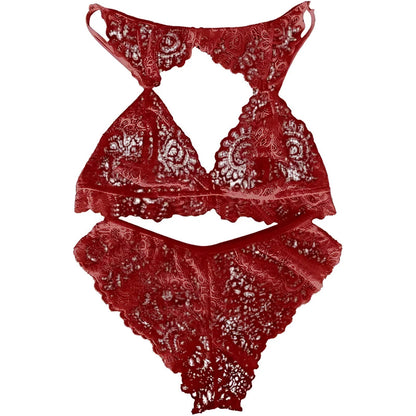 Red Lace Lingerie Set with Decorative Neckline Finish