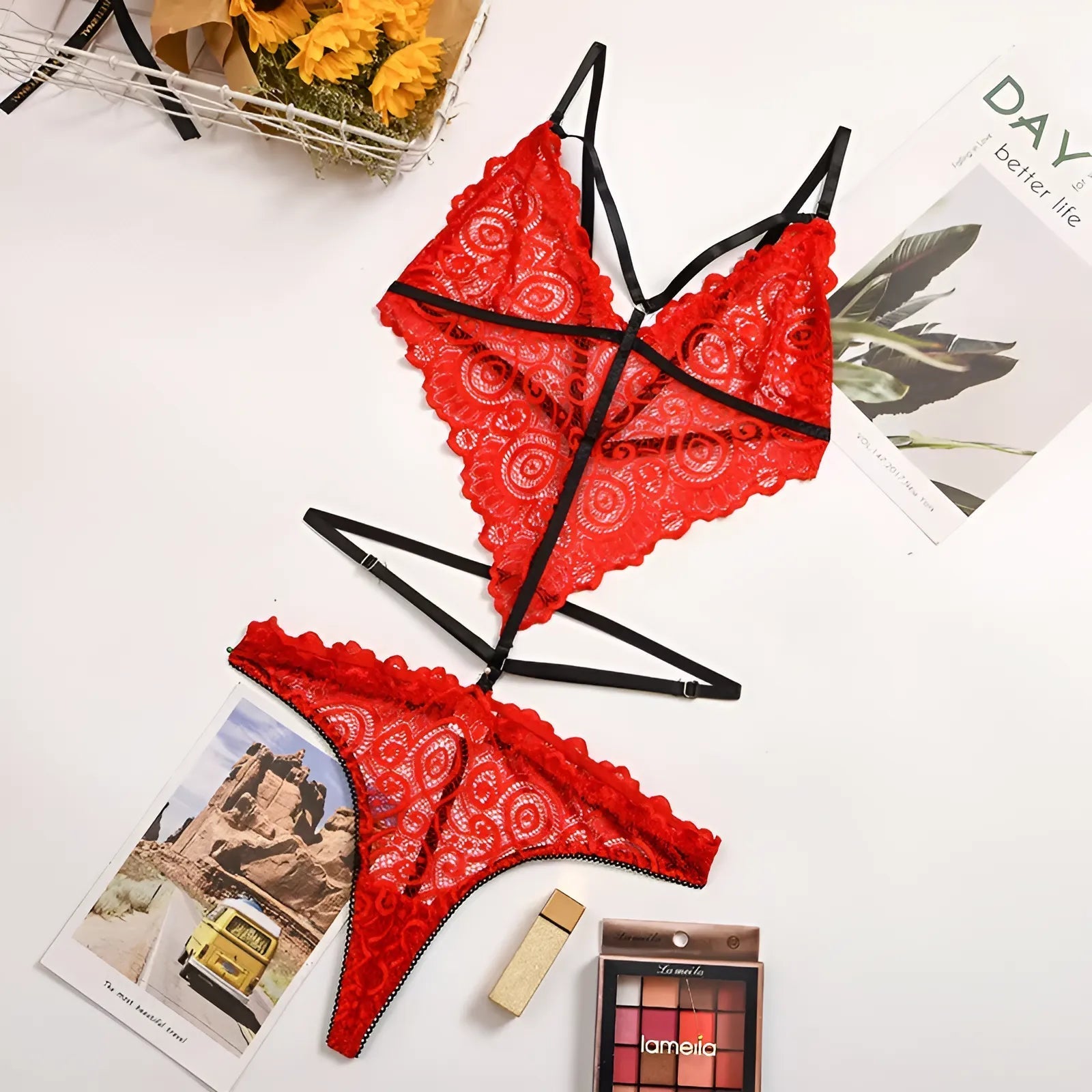 Red Lace Lingerie Set with High Neck and Straps