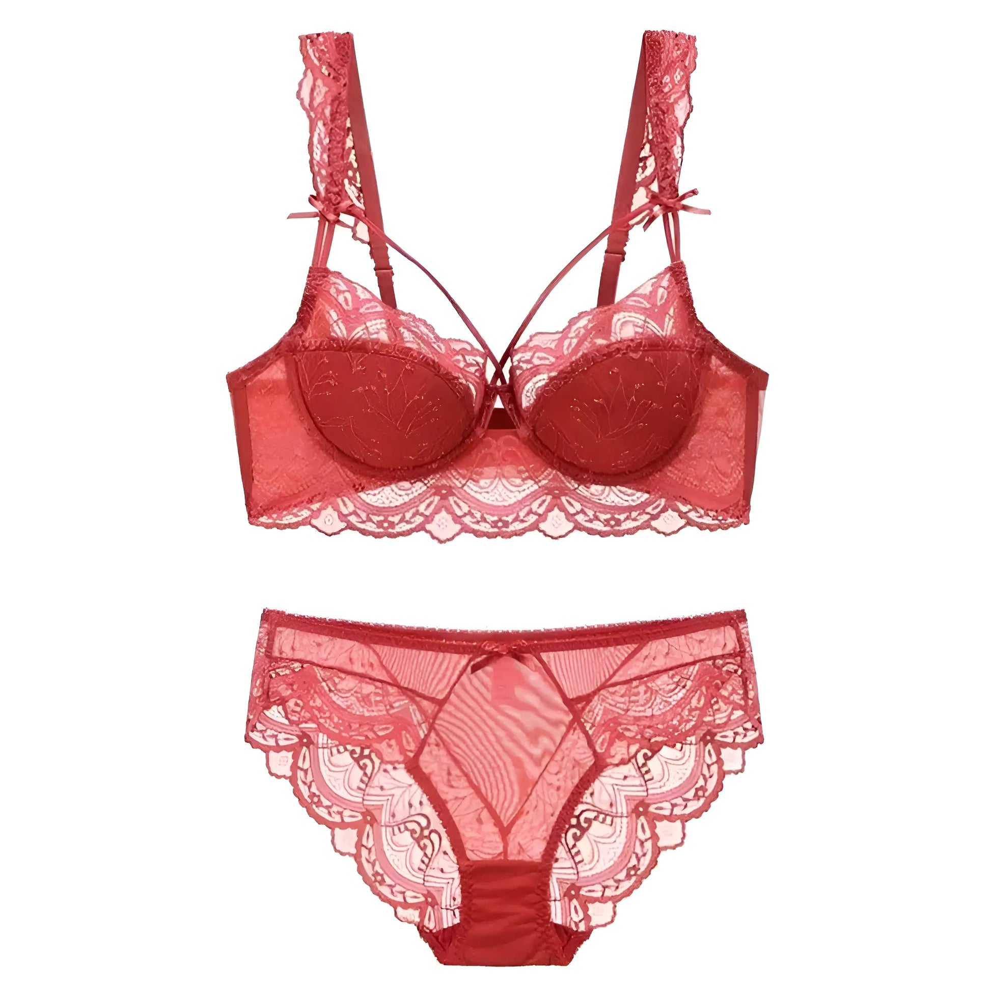 Red Lace Lingerie Set with Straps at the Cups