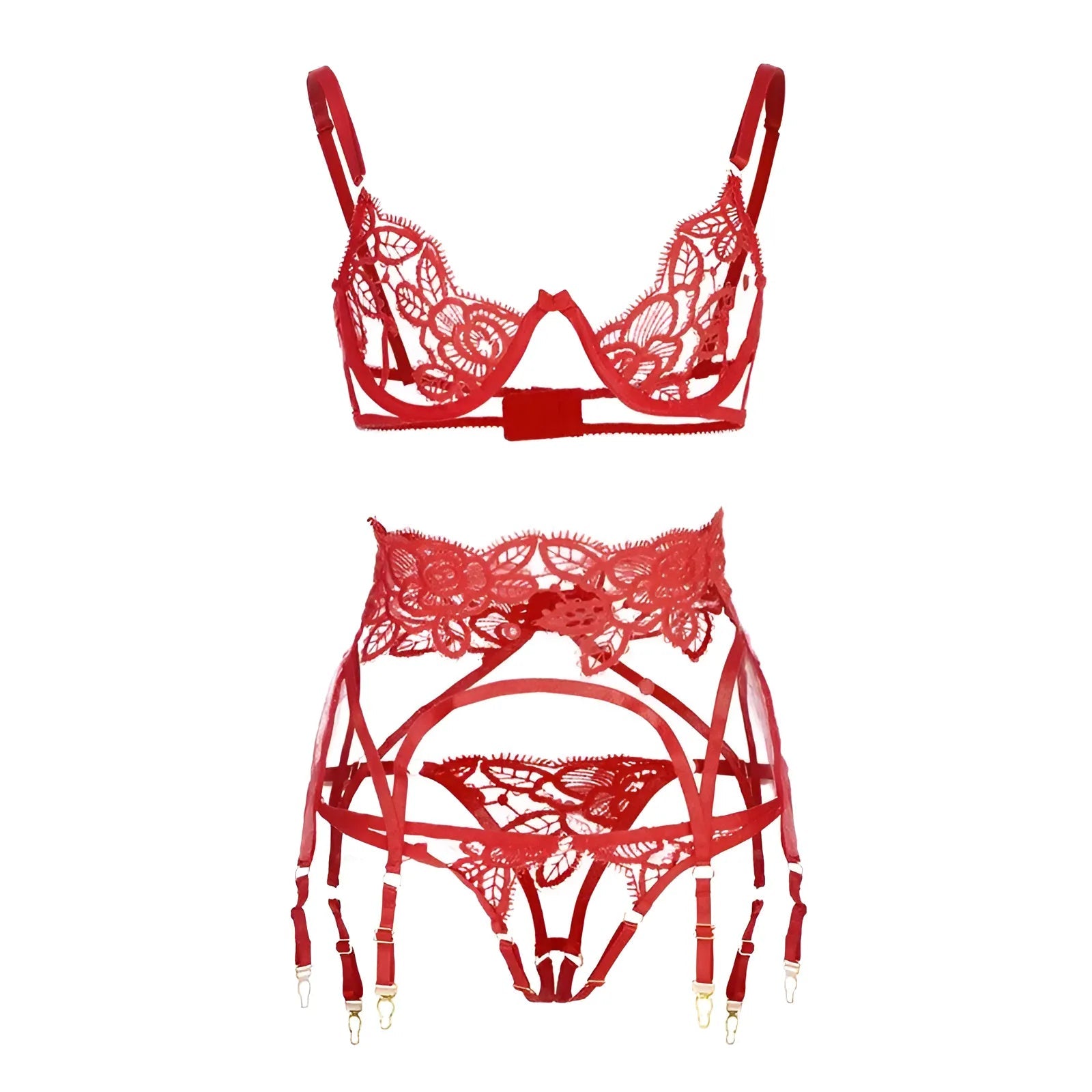 Red Lace Lingerie Set with Suspender Belt