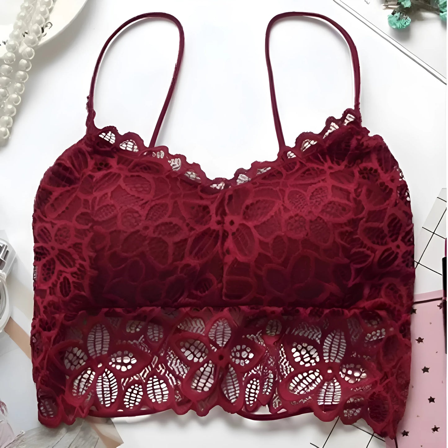 Red Lace Push-Up Bralette with Low Rise Design