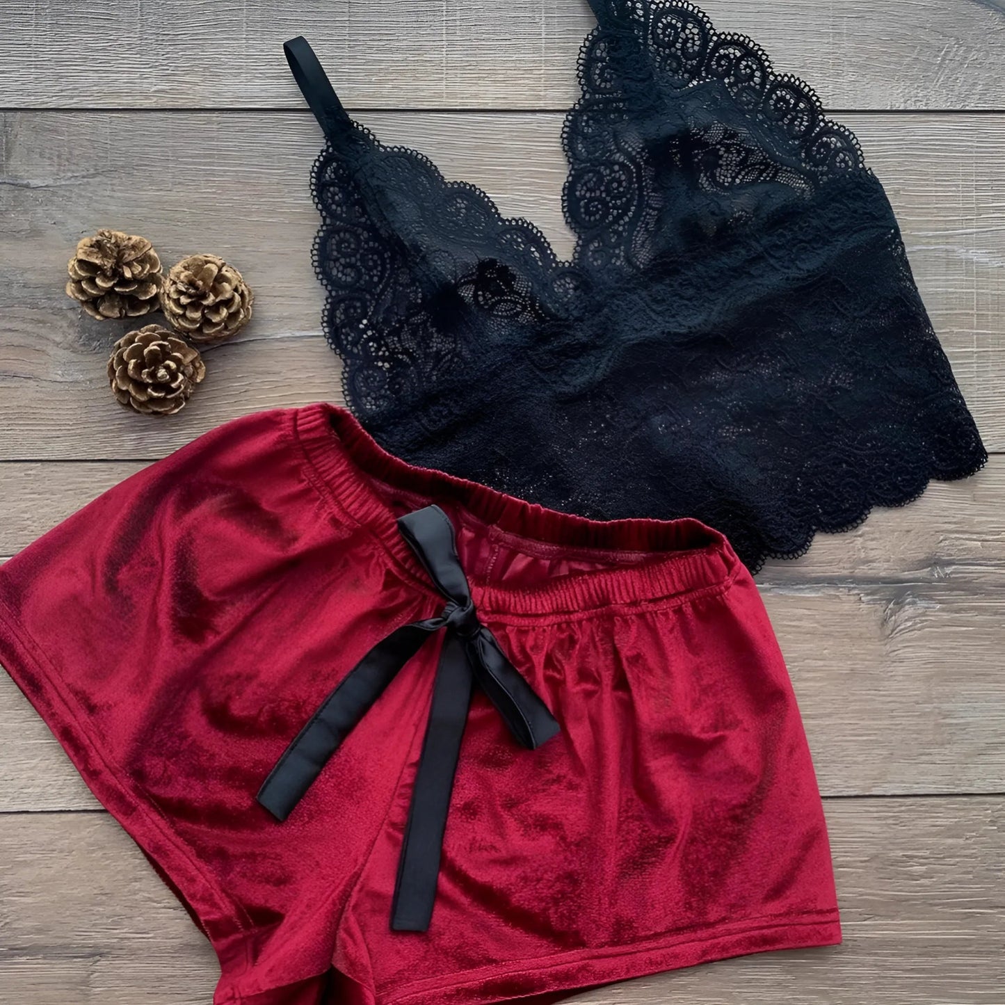 Red Lace Top Two-Piece Pyjama Set