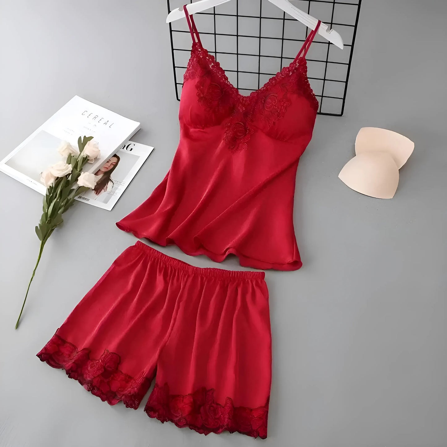 Red Lace Trim Women's Pyjama Set