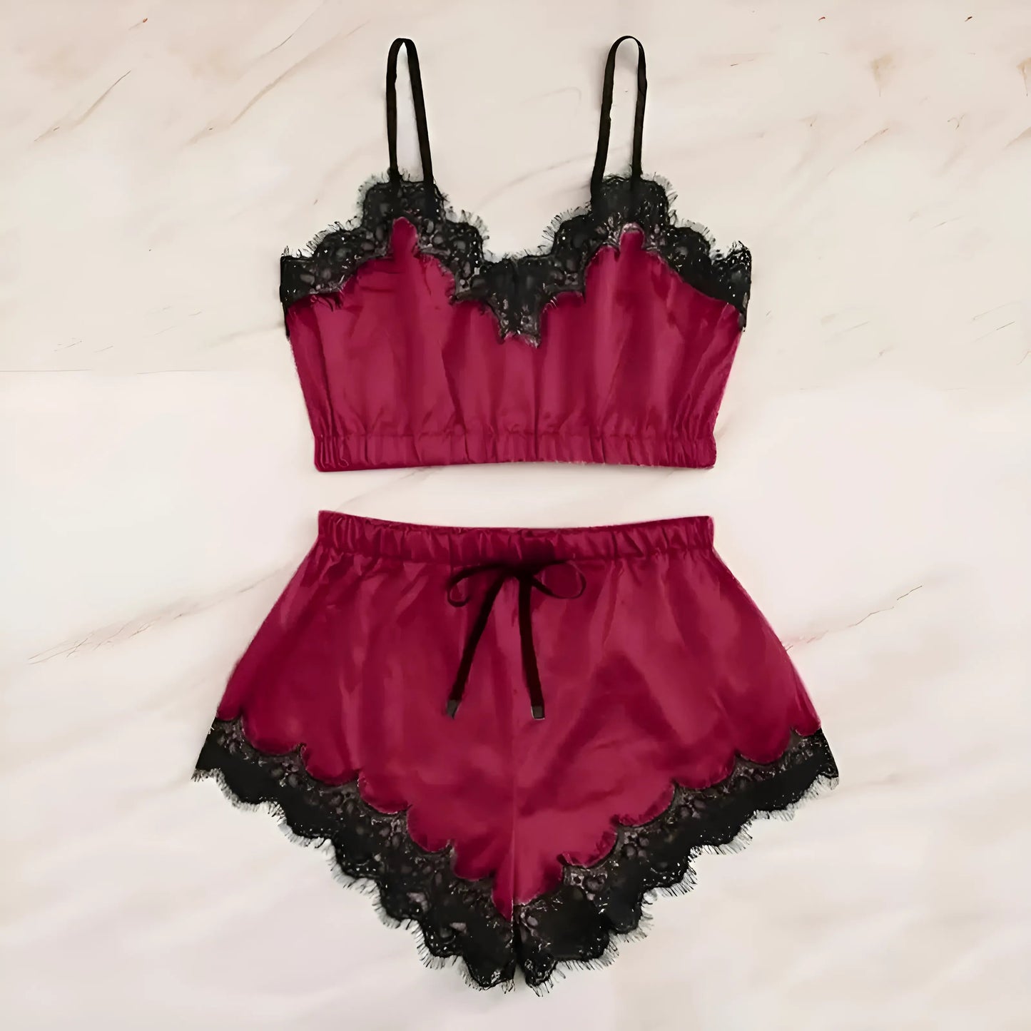 Red Lace Two-Piece Pyjama Set with Short Top