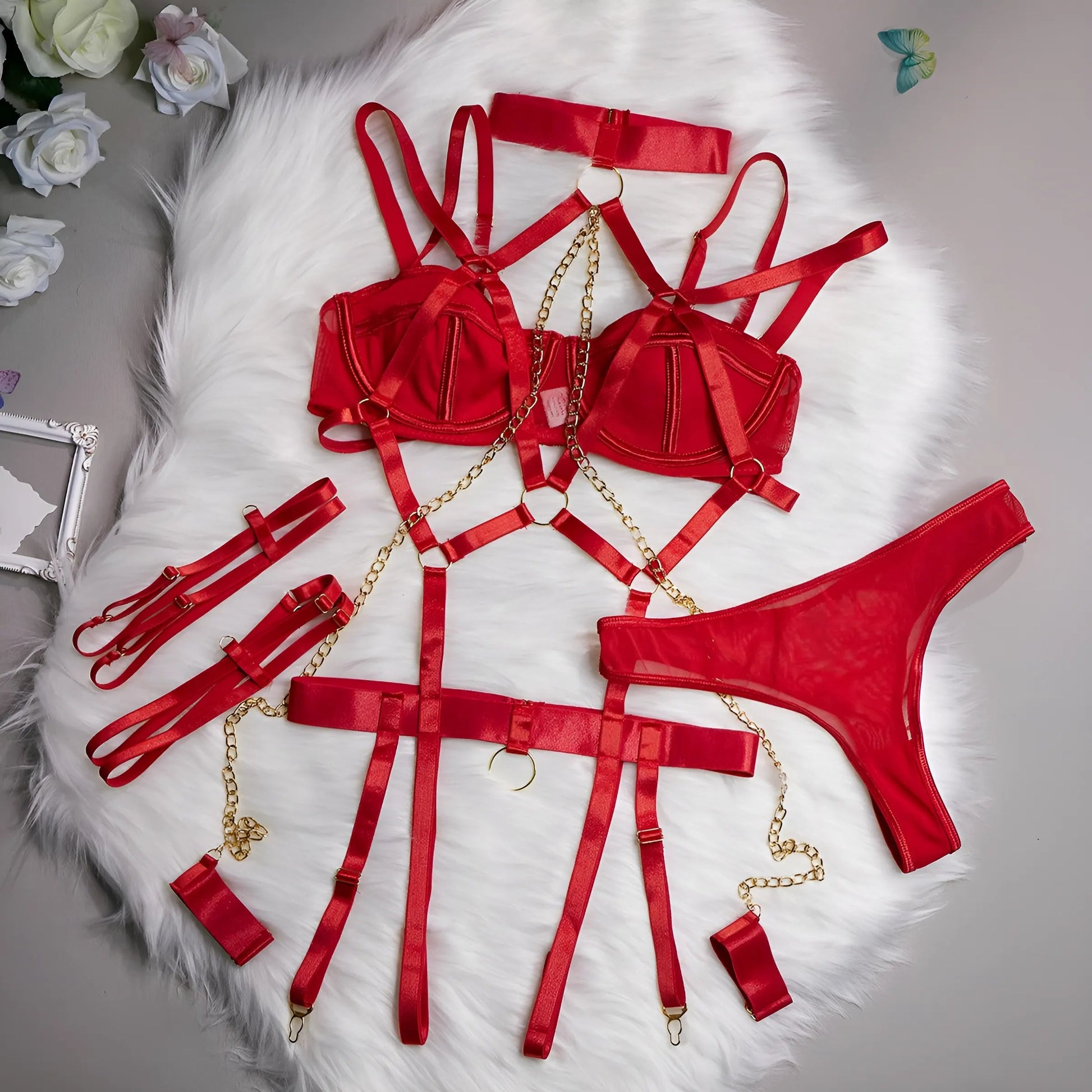 Red Lingerie Set with Suspender Belt