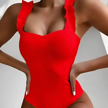 Red One-Piece Swimsuit with Decorative Straps