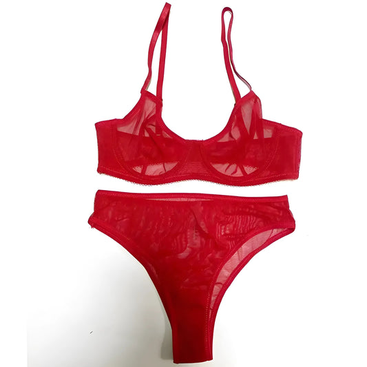 Red Set of lingerie made from fine mesh