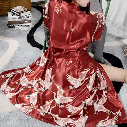 Red Short satin dressing gown with a tie