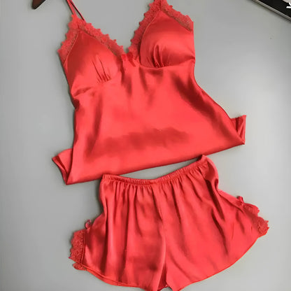 Red Silk Pyjama Set with Lace Trim