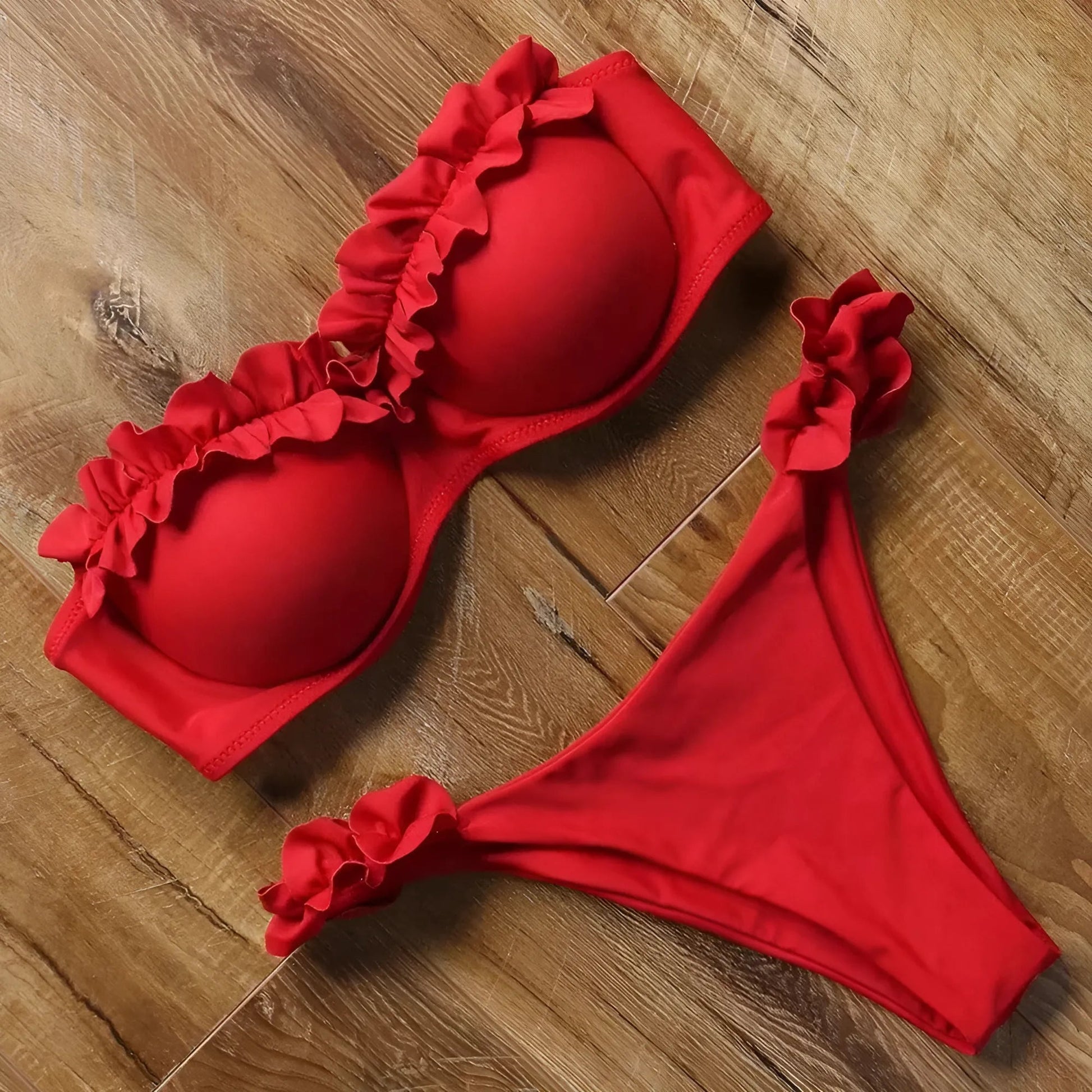 Red Two-piece bikini swimsuit with decorative frills